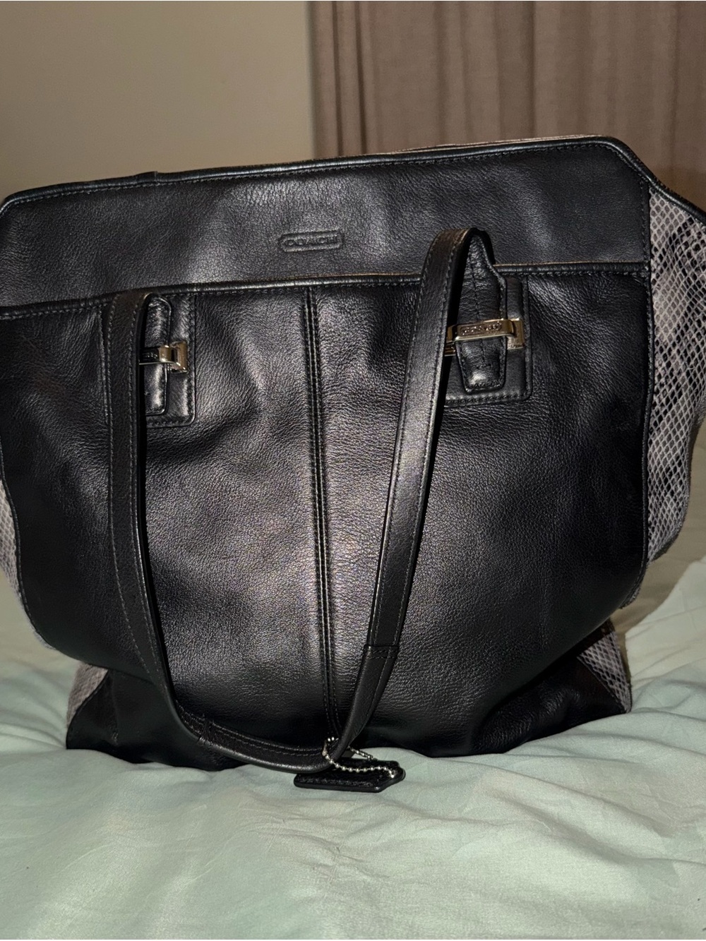 Coach Black Leather Tote with Snake-Print Side Panels